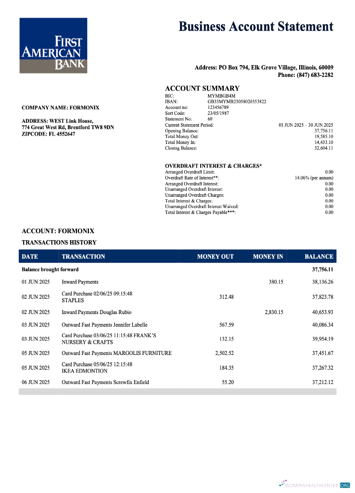 USA First America Bank company checking account statement Word and PDF template